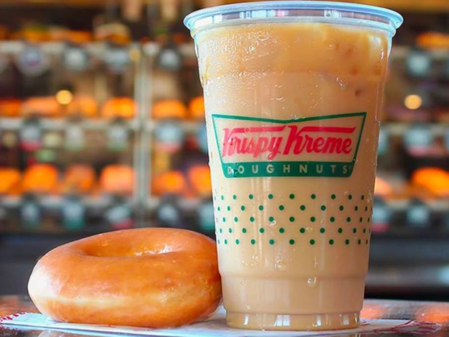 A Krispy Kreme Glazed Doughnut and Iced coffee