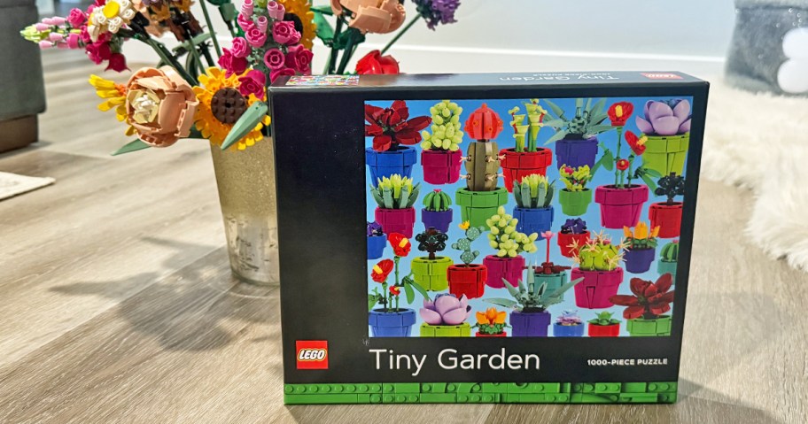 LEGO Tiny Garden Puzzle box with vase of LEGO flowers behind it