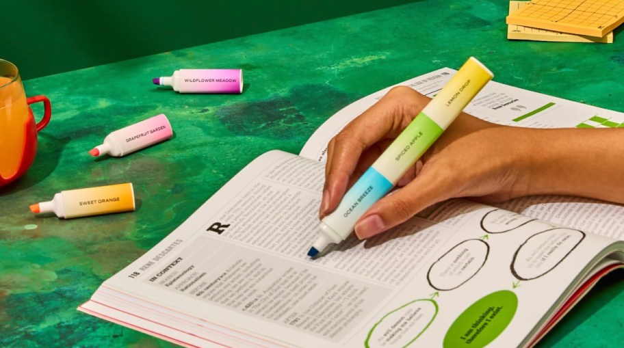 Hand writing in journal with scented highlighters