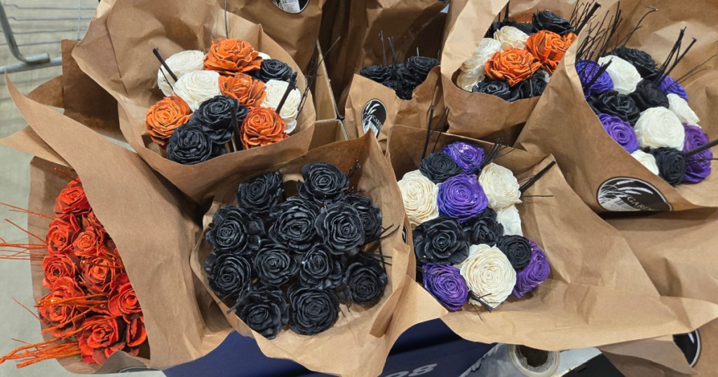 fall and halloween themed paper flower bouquets displayed at lowes store