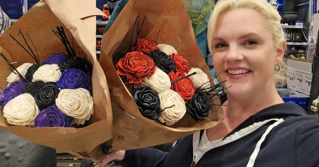 orange and black and purple and white paper flower bouquets in lowes store