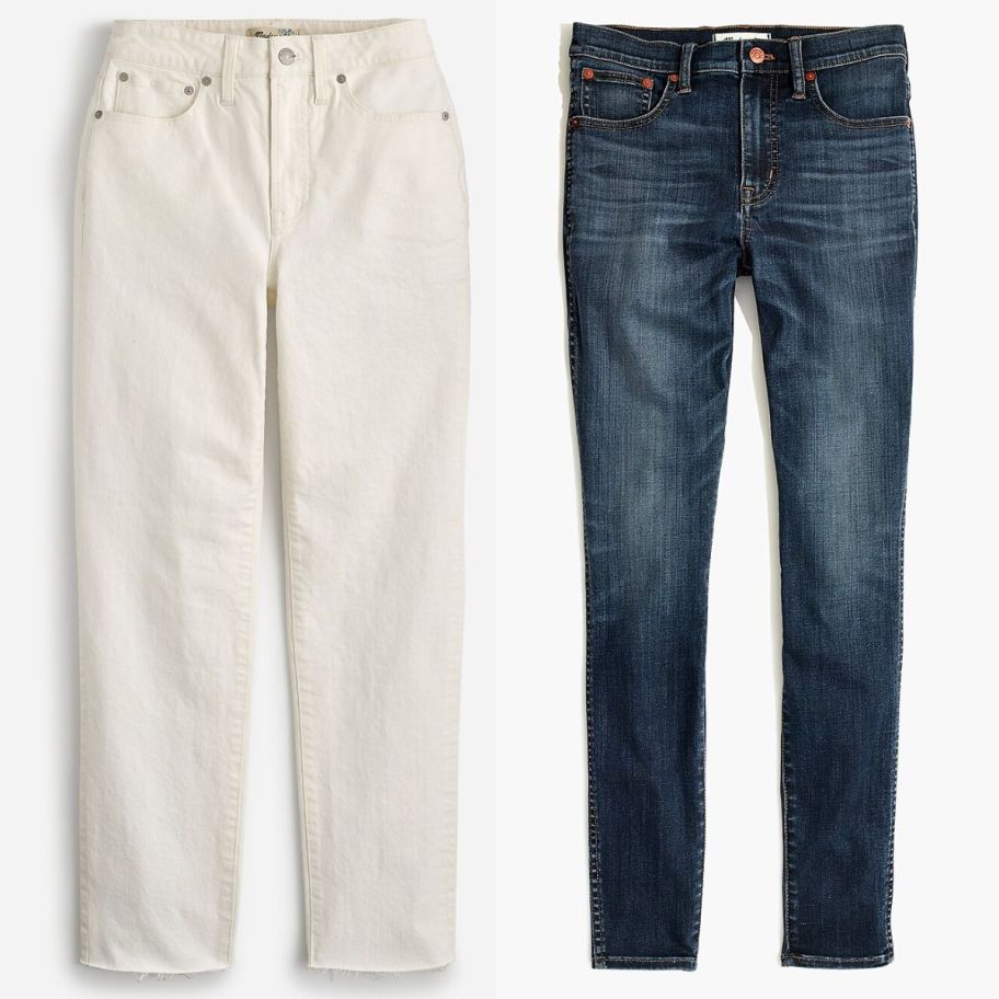 a pair o white denim jeans shown with a paair of dark wash skinny jeans