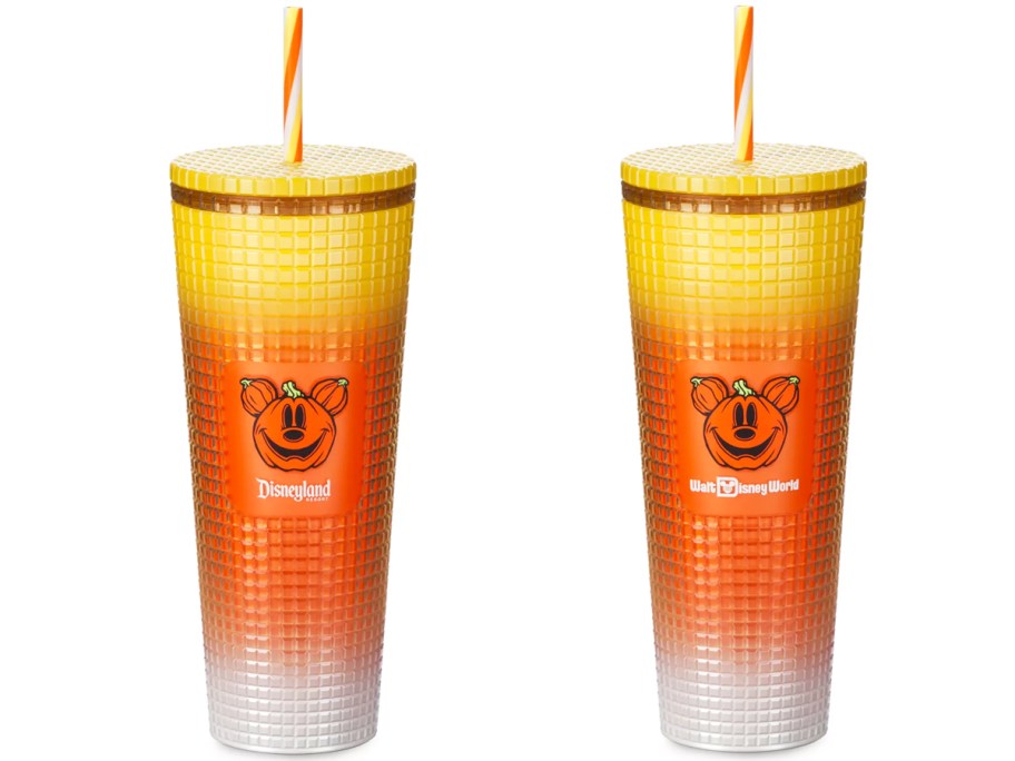 yellow, orange, and white mickey mouse starbucks tumblers