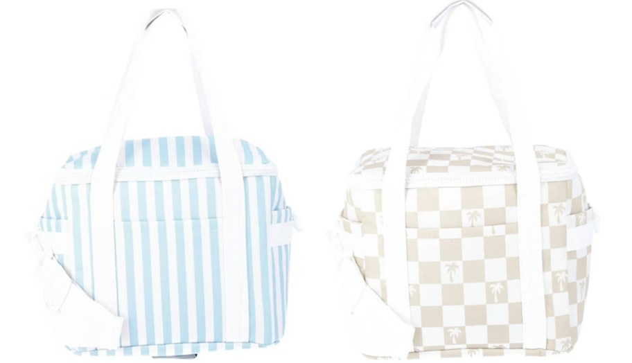 blue stripes and tan checkered mini cooler bags