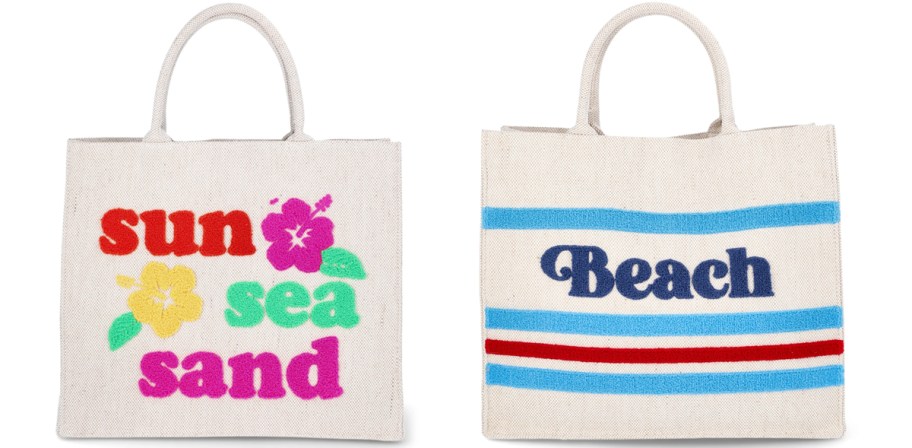 woven tote bags that say "sun sea sand" and "beach"