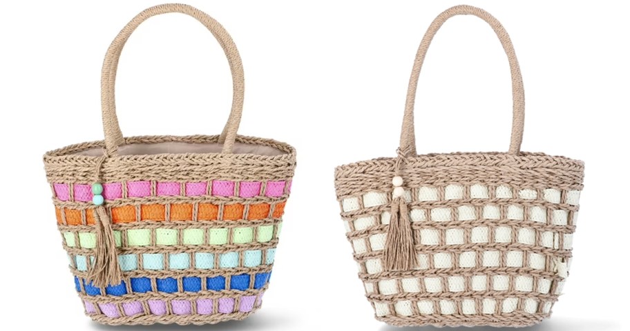 straw tote bags with multi-color and white woven details