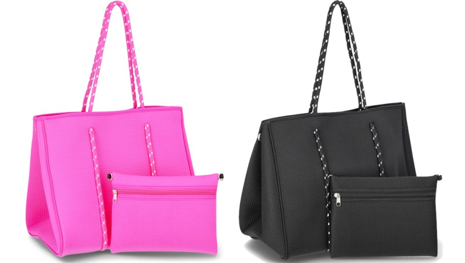 pink and black tote bags with matching pouches