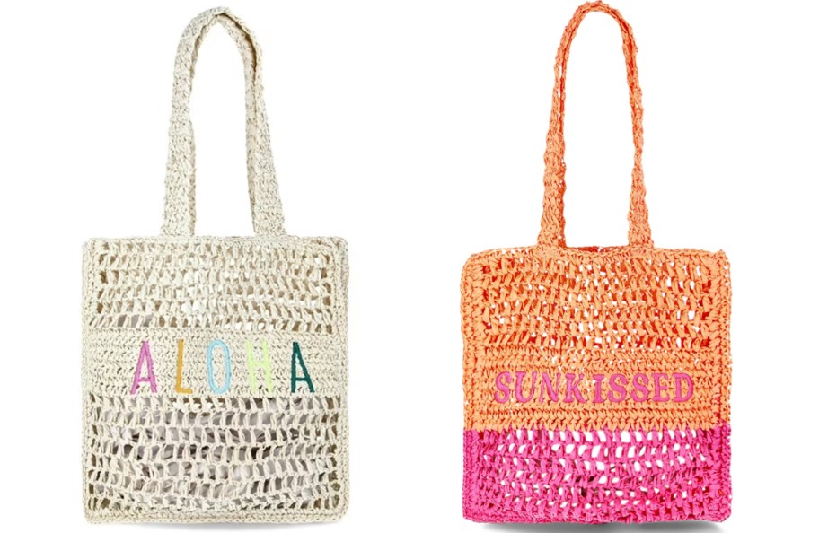 straw tote bags that says "aloha" and "sunkissed"