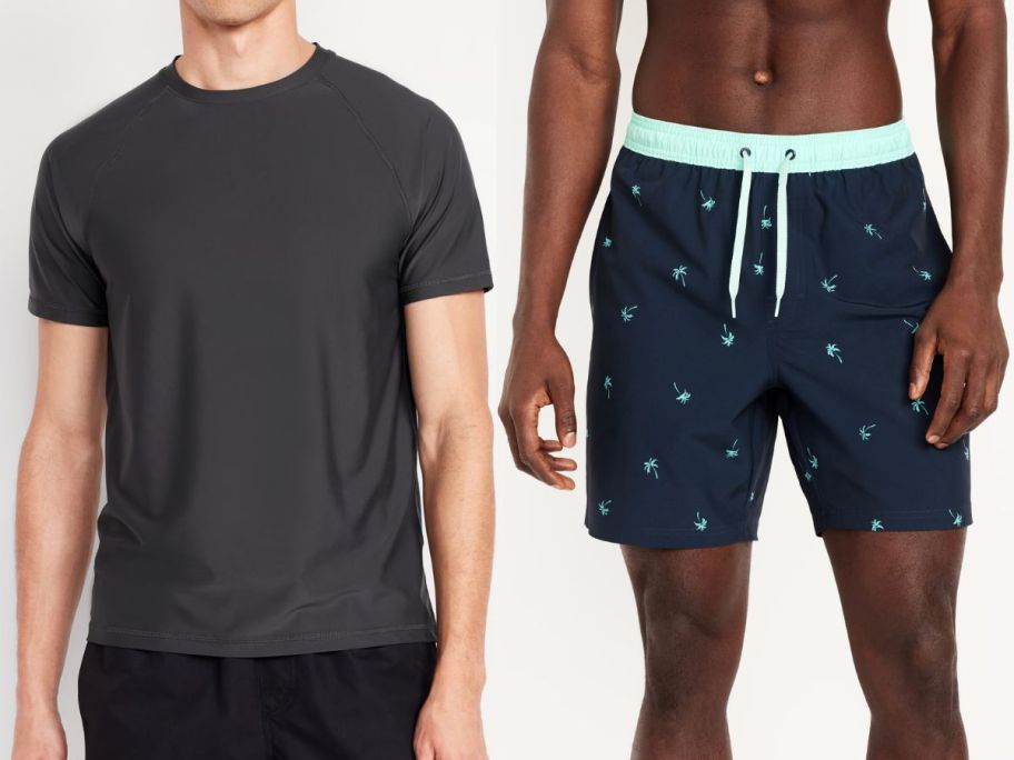 Stock images of two men wearing Old Navy Rashguard and swim trunks