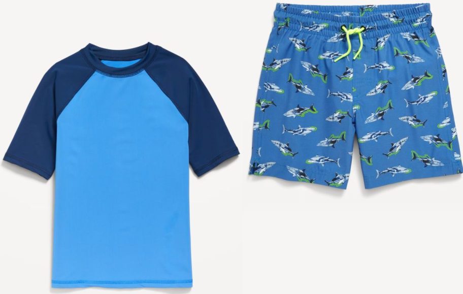 Stock images of an Old Navy Boys rashguard and swim trunks