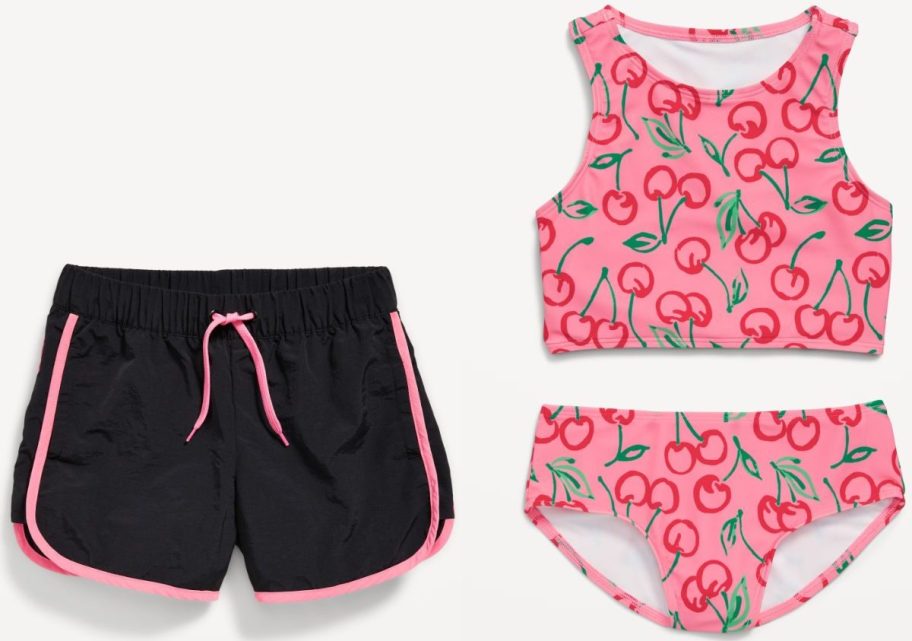 Stock images of Old Navy Girls Swim shorts and 2-piece swimsuit