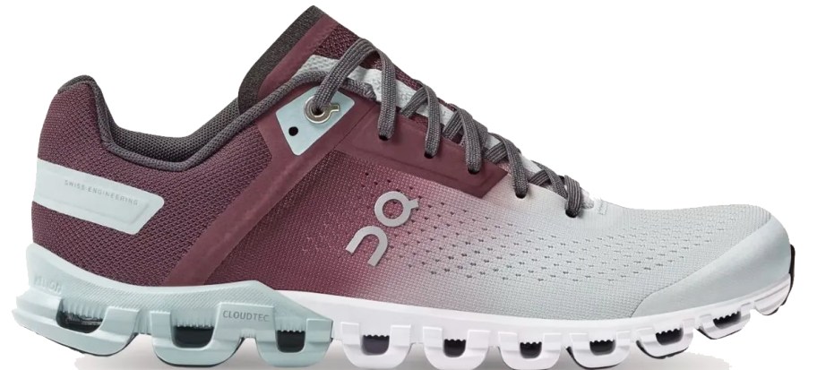 maroon and light grey on running shoe