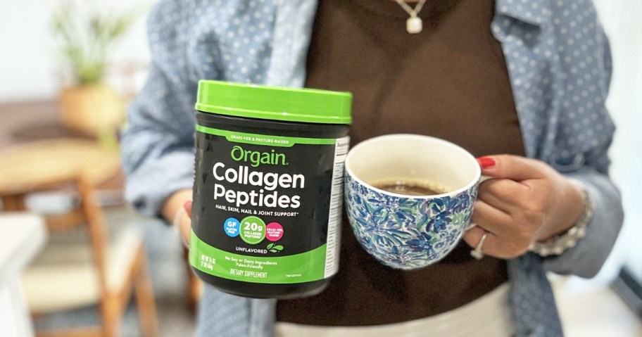 woman holding a container of orgain collagen powder and a coffee cup