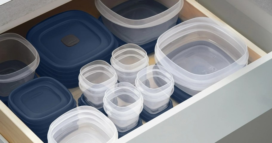 set of plastic containers in a drawer