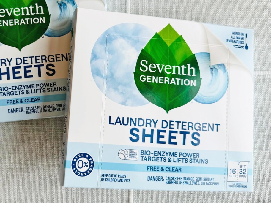 white boxes of Seventh Generation Laundry Detergent Sheets