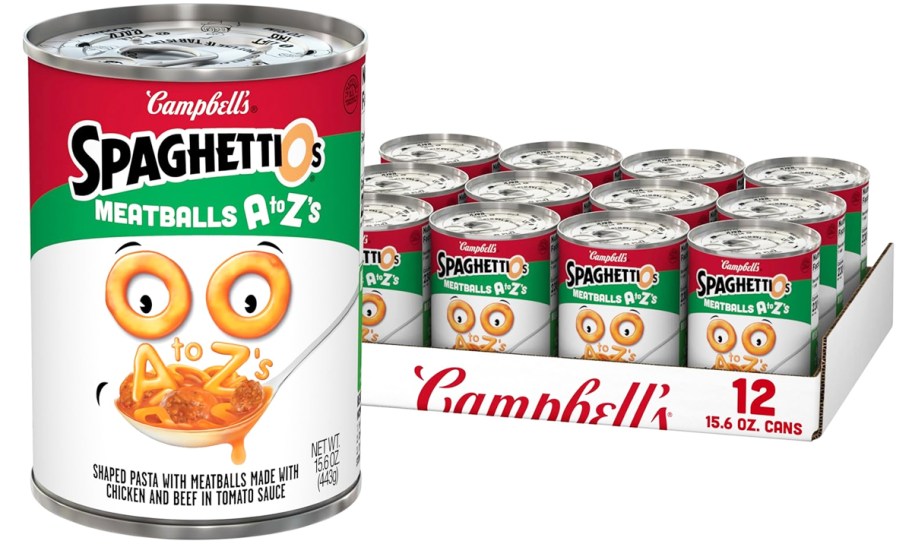 large can of SpaghettiOs A to Z's with 12-pack case behind it