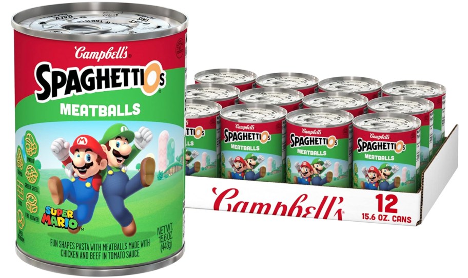 large can of SpaghettiOs Super Mario Bros with 12-pack case behind it