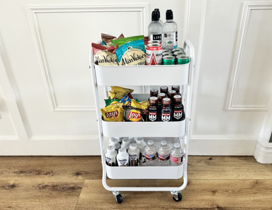 A storage cart full of dorm room snacks