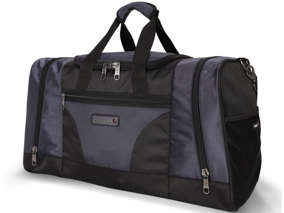 dark blue and black travel duffle bag