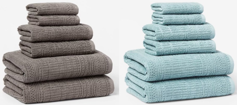 grey and blue stacks of bath towels