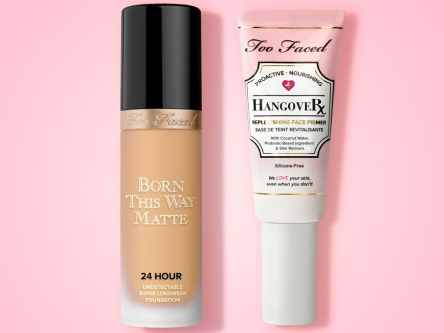 too faced foundation and primer on pink background