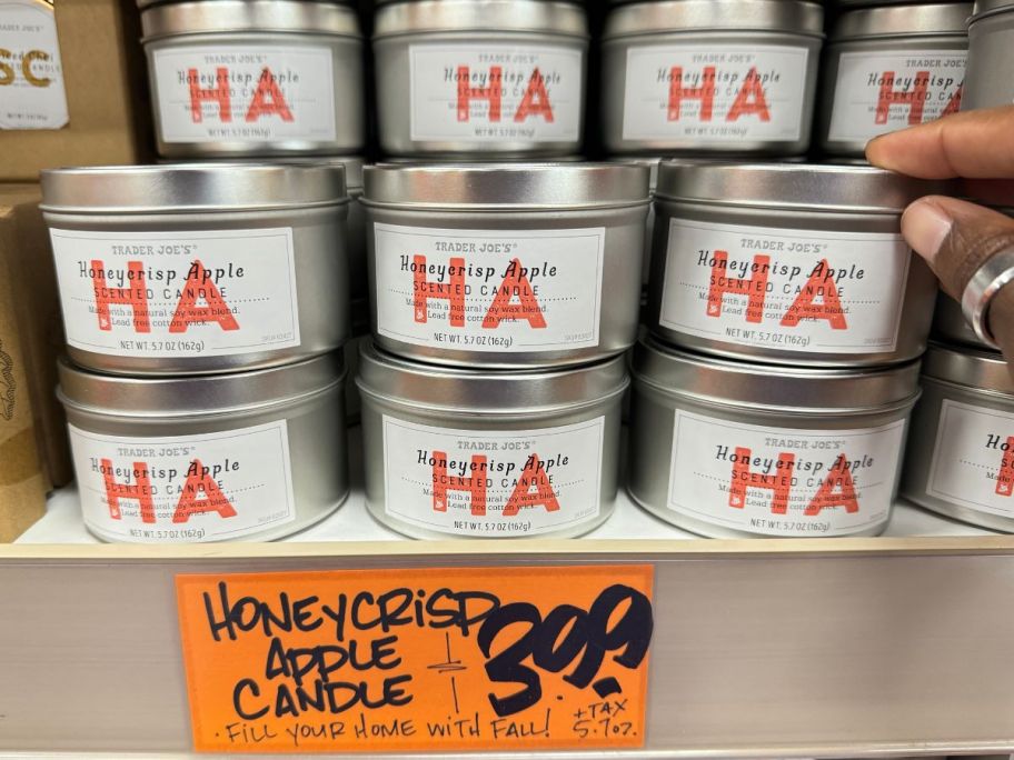 Trader Joe's Honeycrisp Apple Scented Candle on shelf in store