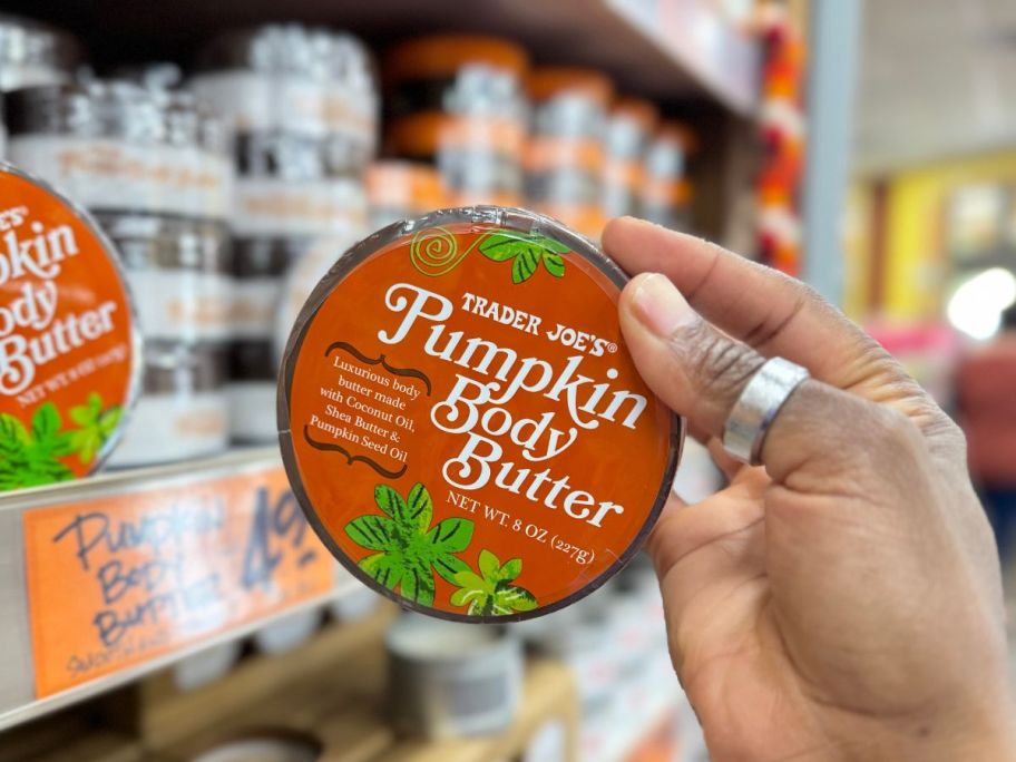 Trader Joe's Pumpkin Body Butter in hand in store