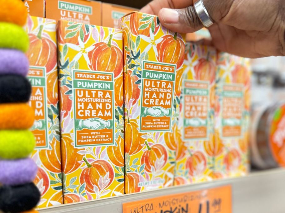 Trader Joe's Pumpkin Ultra Moisturizing Hand Cream on shelf in store