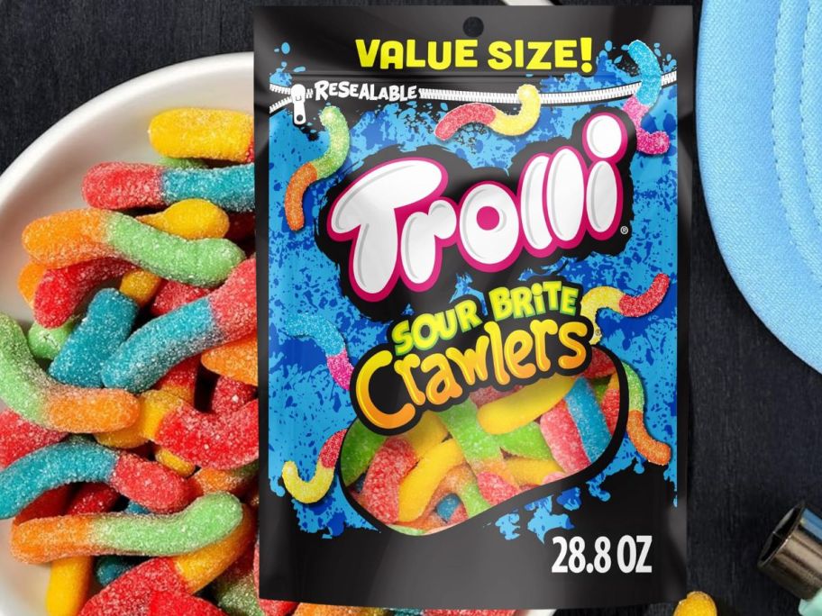 Trolli Sour Brite Crawlers on top of a bowl of candy