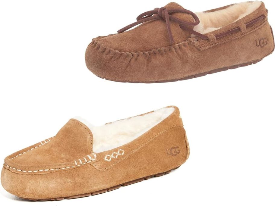 Stock images of two styles of UGG women's slippers