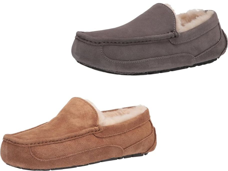 Stoc image of Men's UGG Slippers in Chestnut and Gray Colors