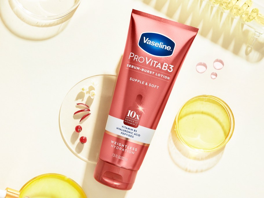 pink bottle of Vaseline Pro VitaB3 Serum Burst Lotion