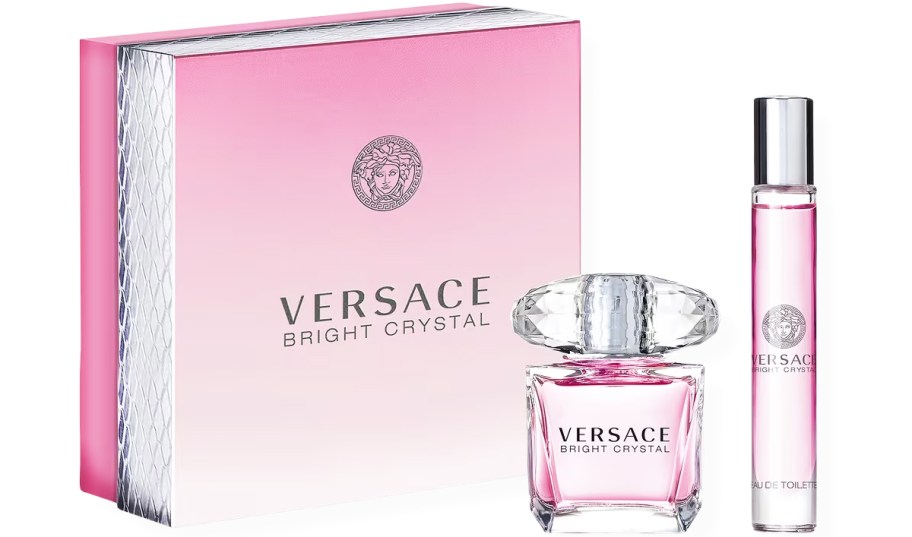 two small pink bottles of Versace Bright Crystal Eau de Toilette with gift box