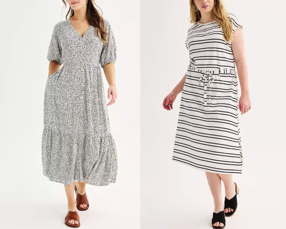 two women wearing midi dresses in black and white prints