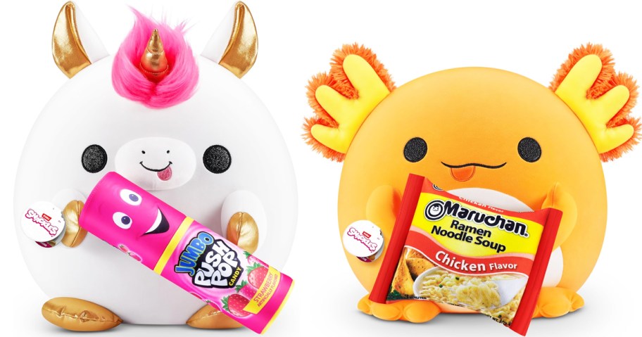 unicorn holding push pop and axolotl holding ramen