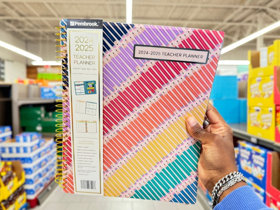 hand holding a teacher planner with colorful pencils on the cover