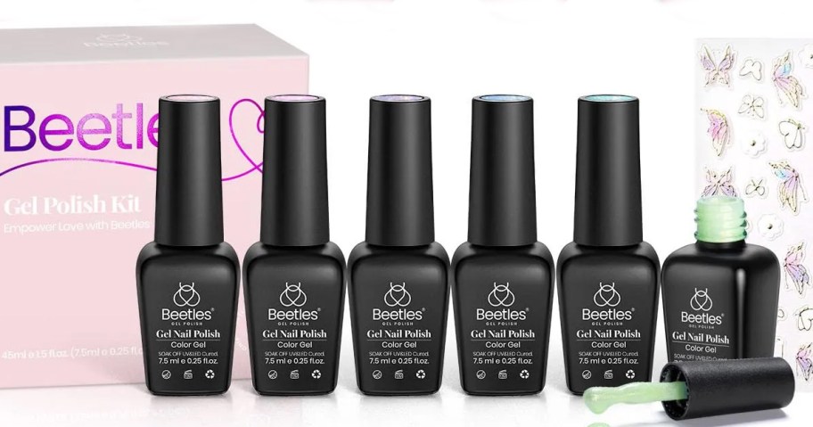 6 beetles nail polish bottles with sticker sheet and box