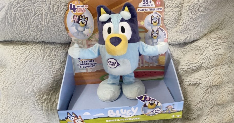 bluey animated plush in package on blanket