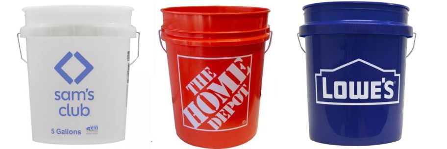 sam's club, home depot, and lowe's 5 gallon bucket stock images