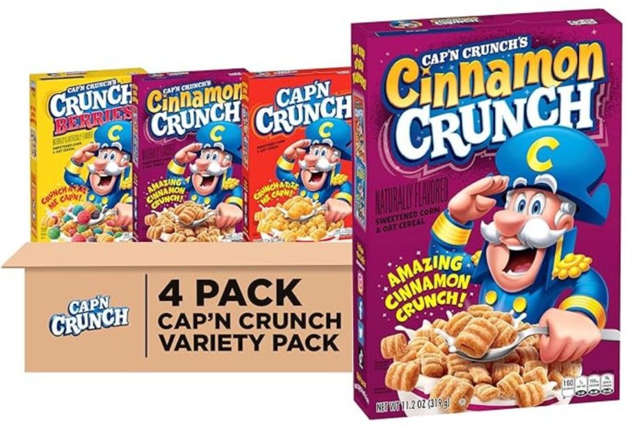 Cap'n Crunch Cereal Cinnamon, Original, & Crunch Berries Variety 11.2oz 4-Pack stock image