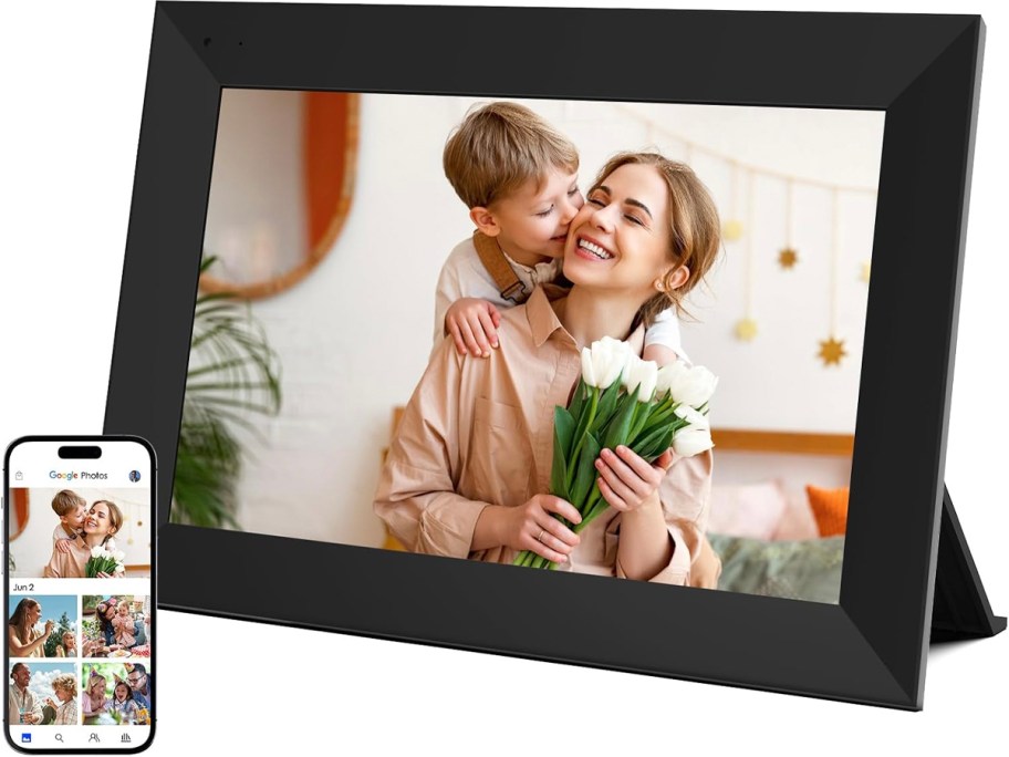 black digital photo frame with child and mom 