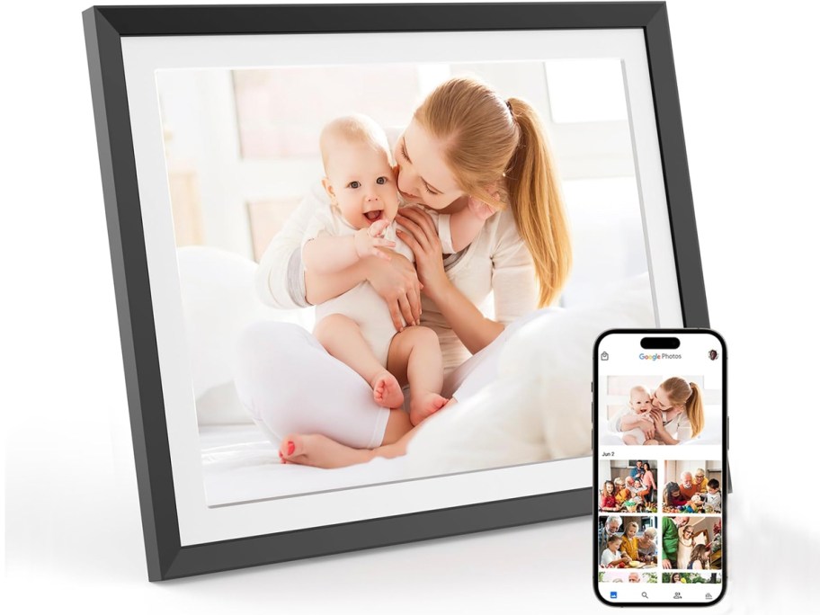 black digital frame with mom and baby 