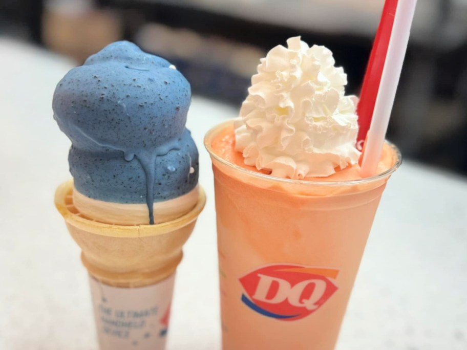 dairy queen blue ice cream cone and orange shake