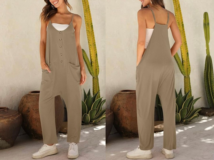 front and back image of women wearing tan jumper 