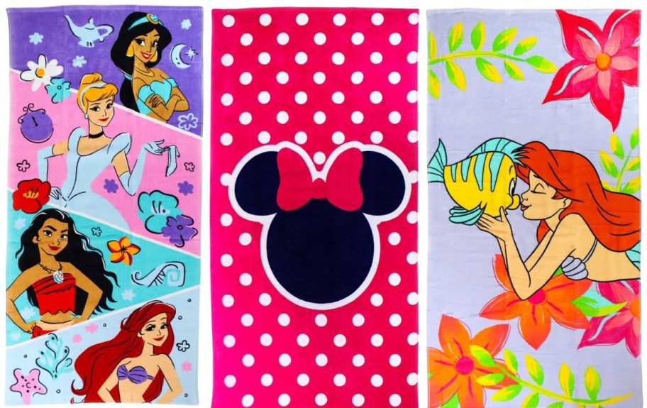 three disney character beach towels