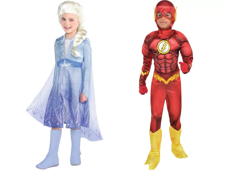 two kids wearing elsa and the flash costumes