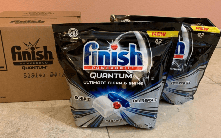 two bags of Finish Quantum Powerball Dishwasher Detergent Tablets