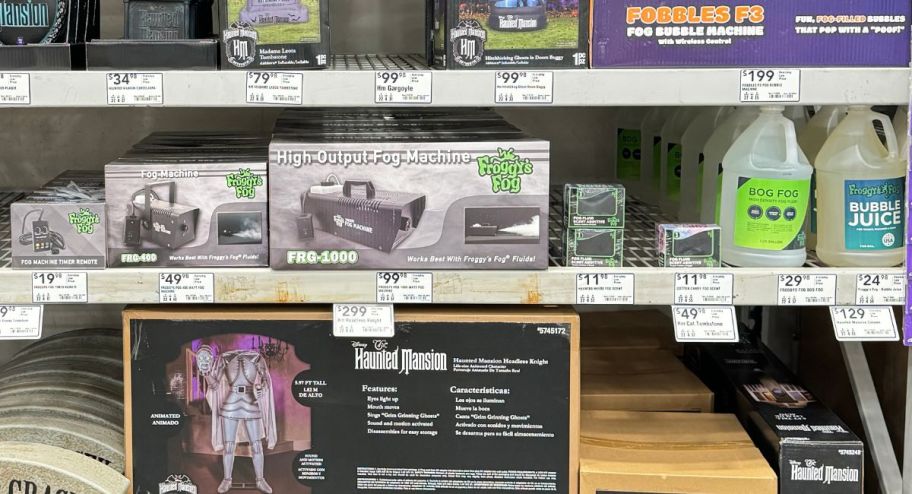 fog machines and fog juice on a store shelf