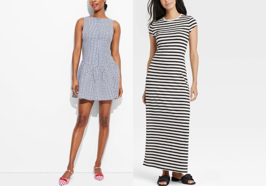 a woman in a mini sundress and a women in a maxi t-shirt dress