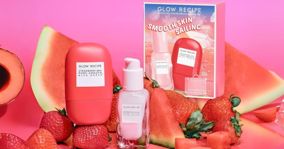 Glow Recipe skincare products and box the set onlinees in surrounded by watermelon and fruit slices